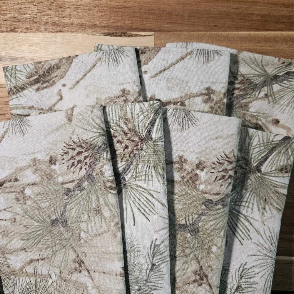 Pottery Barn Pine Cone Bird Linen Cotton Napkins Set of 7 Woodland Rustic 19x19